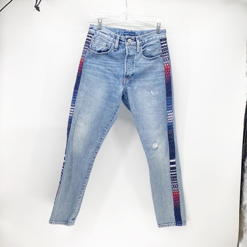 LEVI'S 501 Skinny Made & Crafted Fabric Embellished Distressed Jeans patriotic